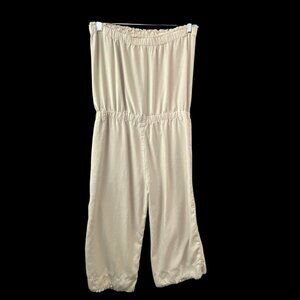 CLOTH & STONE Women Wide Leg Jumpsuit Fringe Hem Sz M Khaki Off Shoulder 48-13